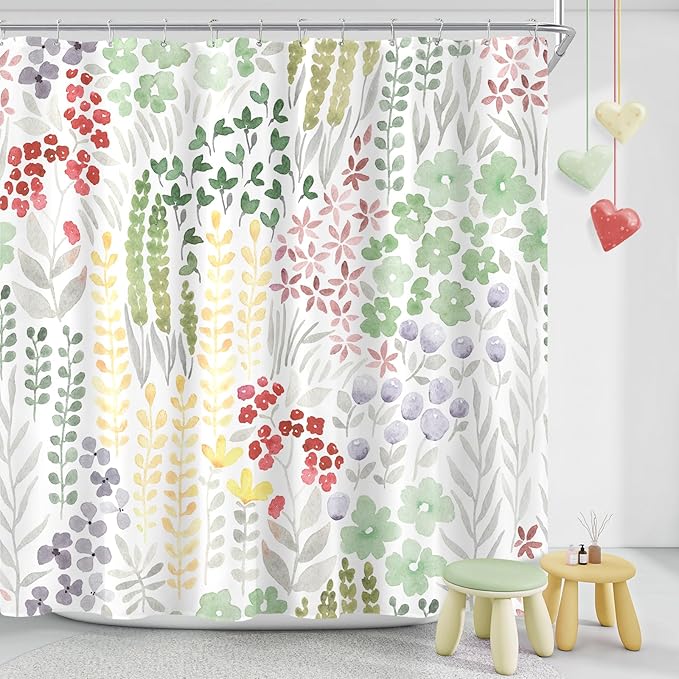 Cute Floral Shower Curtain, Sage Green Boho Flower Fabric Shower Curtain, Funky Watercolor Wildflower Shower Curtain Set, Cottagecore Bohemian Bathroom Decor, 72x72