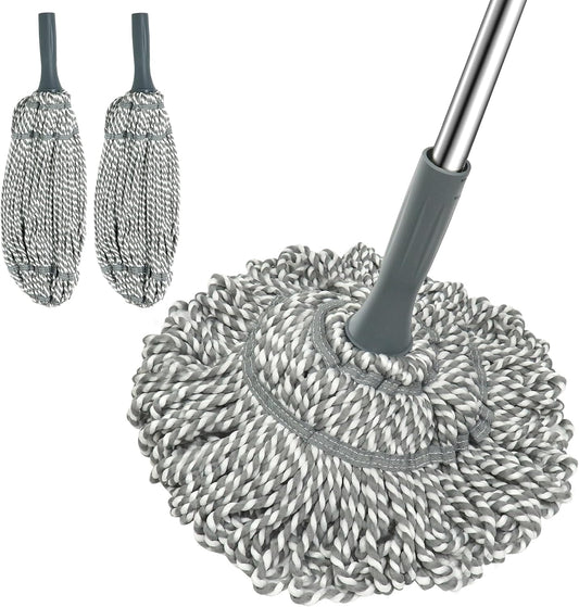 Self Wringing Mop Floor Cleaning, Easy Squeeze Twist Mop, Heavy Duty Wet Mops for Cleaning Hardwood Tile Vinyl Laminate Floors (Gray- 2 Head)
