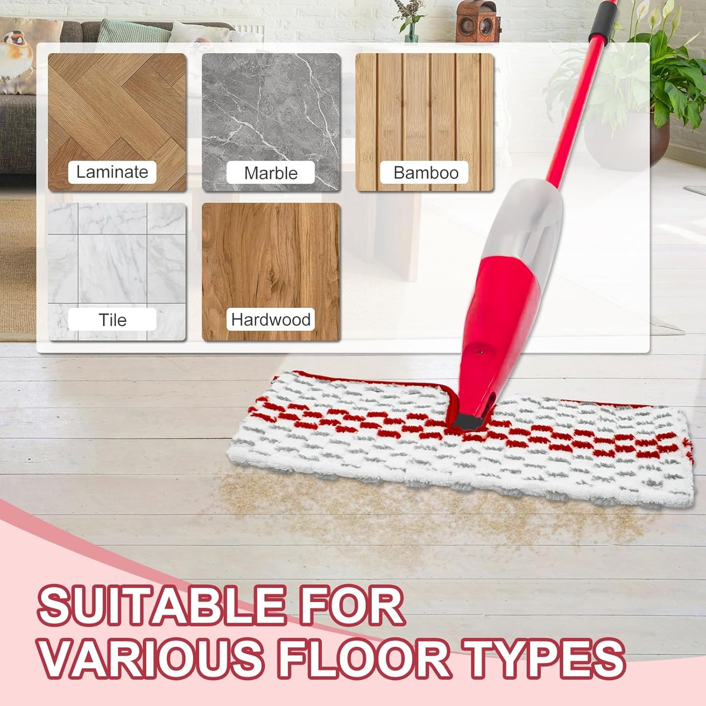 Microfiber Spray Mop Pads - Compatible with Promist MAX, Double Sided Replace Head for Dry/Wet Floor Cleaning Usable (4 Pack Red)