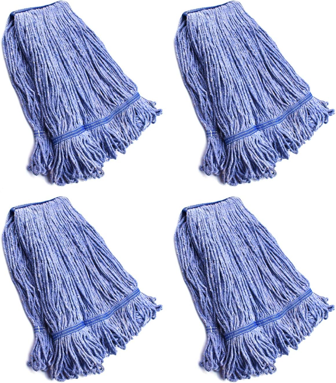 String Mop Heads Replacement Heavy Duty Commercial Grade Blue Cotton Looped End Wet Industrial Cleaning Mop Head Refills (4, Large)