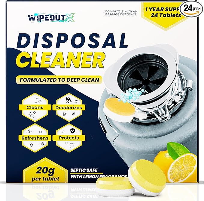 Garbage Disposal Cleaner Tablets - 24 Pack (1-Year Supply) Powerful Foaming Lemon Scented Kitchen Sink Freshener Drain & Pods Odor Eliminator and Deodorizer Septic Safe