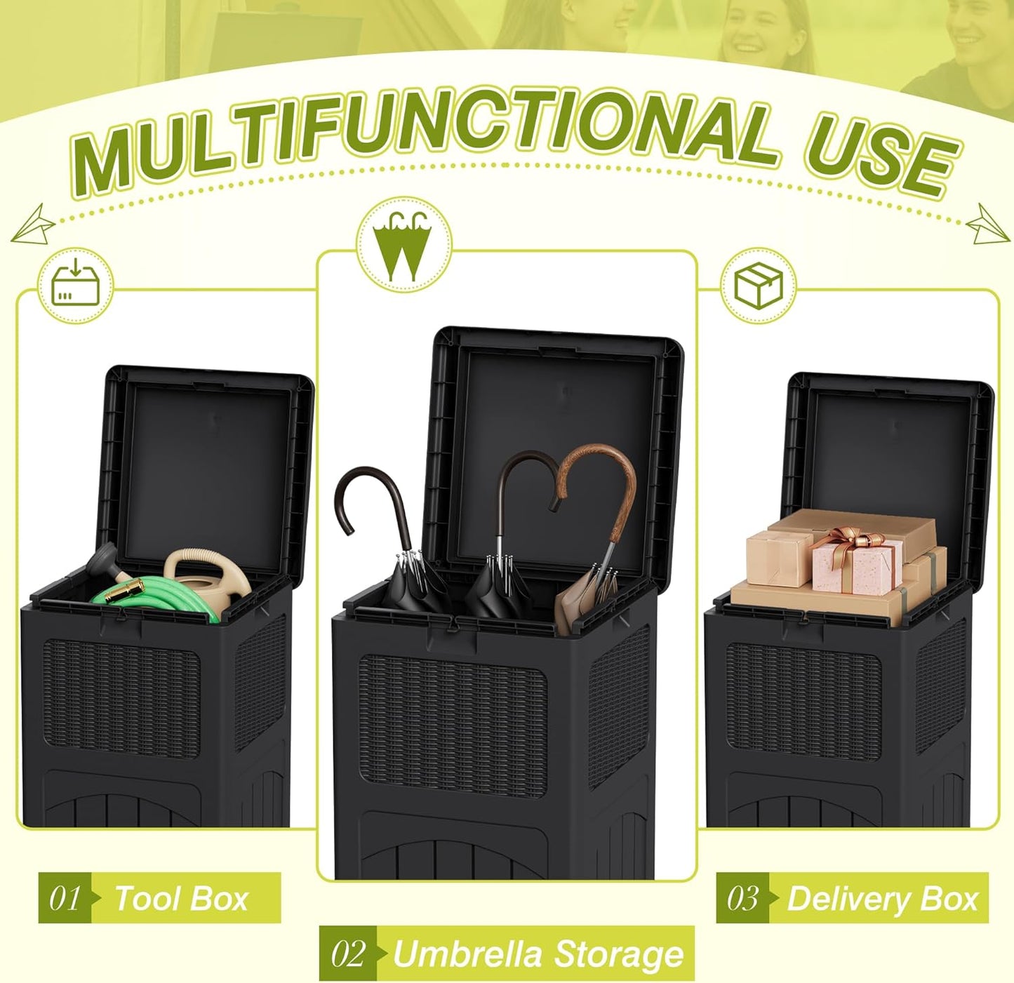 Greesum 33 Gallon Outdoor Trash Can with Lid, Waterproof Resin Garbage Bin for Hideaway, Deck, Patio, Dark Black