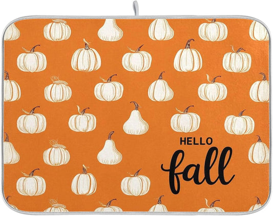 Hello Fall Burnt Orange Dish Drying Mat for Kitchen Countertop 18x24 Autumn Pumpkin Large Drying Mat Reusable Quick Dry Dish Sink Mats Easy Clean Decorative Essentials