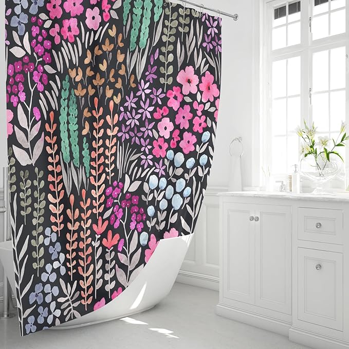 Small Stall Shower Curtain 36 x 72 Inch, Half Narrow Cute Floral Shower Curtain for Bathroom, Black Hot Pink Wildflower Boho Cottagecore Fabric Shower Curtain Set with Hooks