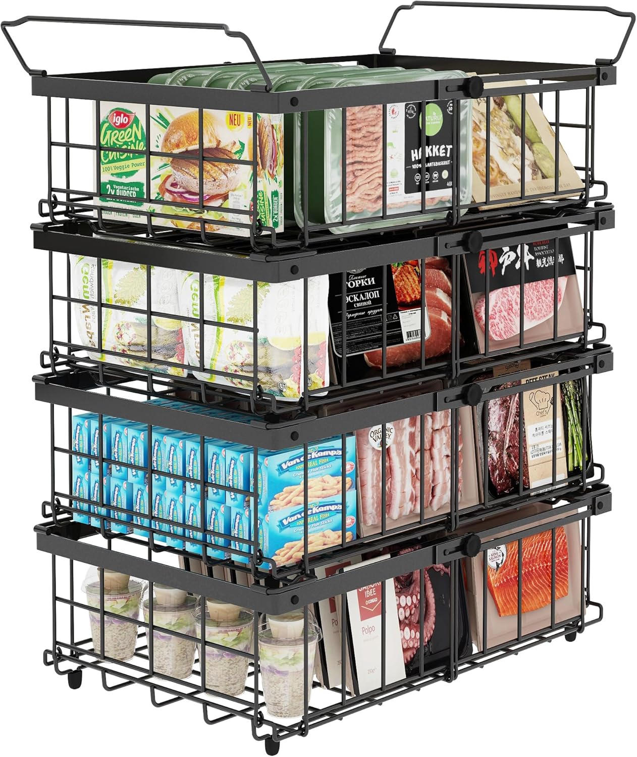 UMDONX 4 Pack Expandable Freezer Organizer Bins Large Freezer organizer Bins Stackable 11.4" Expand to 17.9", Fit 10 to 20 Cu.FT Black