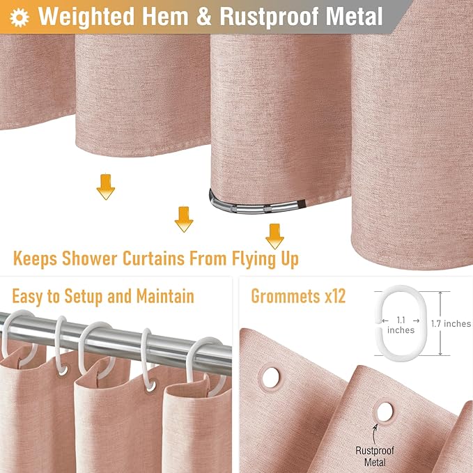 BTTN 78 Inch Long Shower Curtain - Linen Textured Heavy Duty Fabric Shower Curtain Set with 12 Plastic Hooks, Wrinkle Free, Machine Washable, Modern Bath Curtains for Bathroom, 72x78, Blush/Light Pink