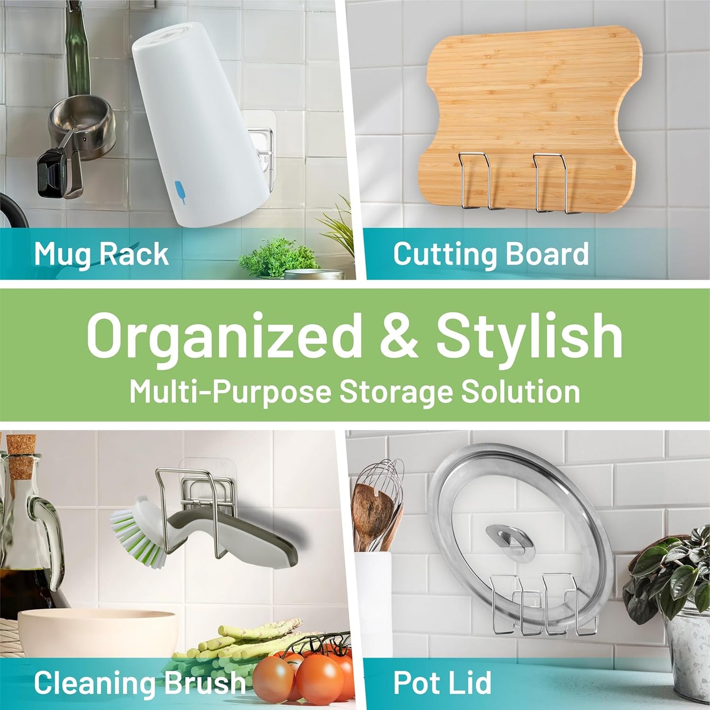 Hook LAB Reusable Sponge Holder for Kitchen Sink & Bathroom Organizer, Mountable Rack for Sponges, Scrubbers, Soaps and Brushes (Silver)