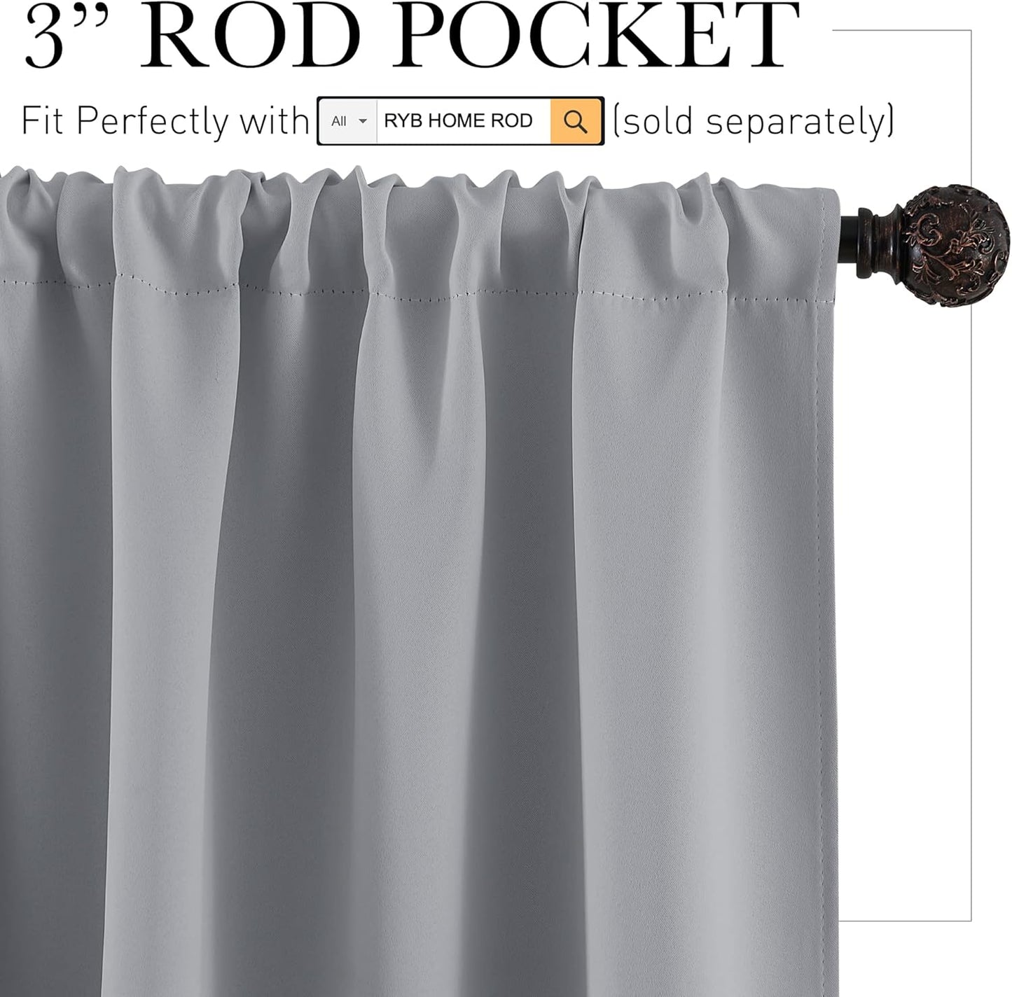 RYB HOME Blackout Curtains Grey - Sunlight Block Energy Saving Drapes for Bedroom Bathroom Home Office Small Window Treatment Panels, W 53 x L 36 inch, Silver Grey, 2 Panels