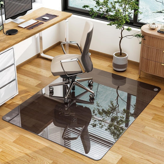 GLSLAND Office Chair Mat, 36" x 46" Grey Tempered Glass Floor Mat for Office Chair on Carpet, 1/6" Thick Computer Floor Mat with 4 Anti-Slip Pads
