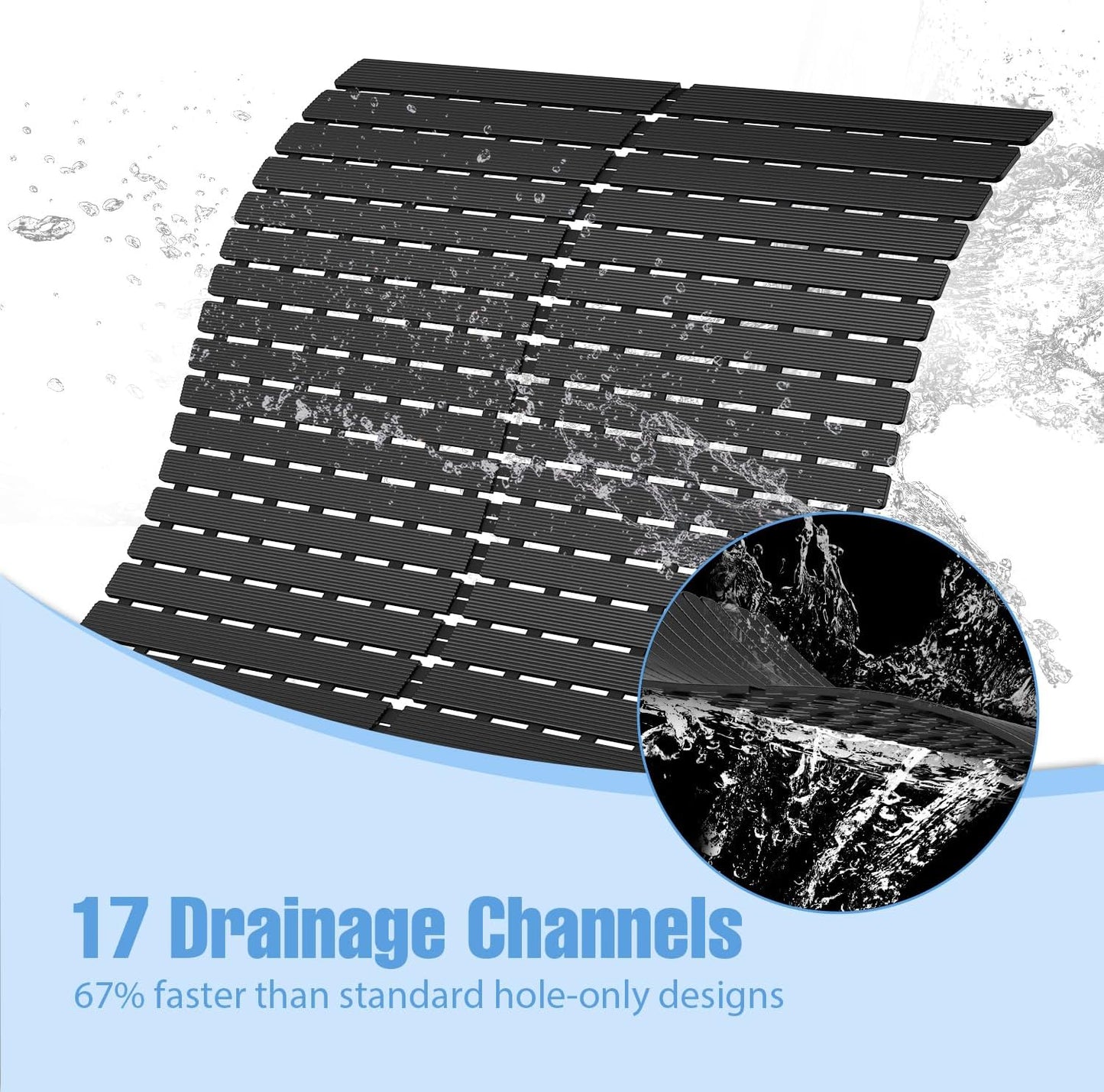 Shower Mat Non-Slip Bath Mat for Tub Floor & Stall with 200+ Suction Cups & Drain Holes, Quick Dry Machine Washable Bathtub Mat, Safe for Elderly& Baby, Bathroom Essentials 24x24 Inch (Black)