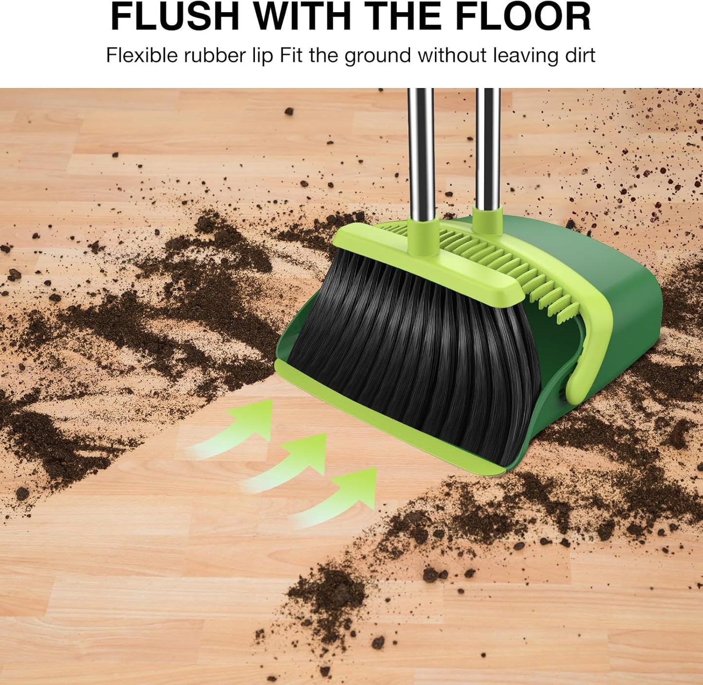 Broom and Dustpan Set, 52-in Long Adjustable Handle Broom Dustpan Combo with Dust pan Teeth to Automatically Clean Hair Suitable for Home Kitchen Office Hall Floor (Green), 4 Pack