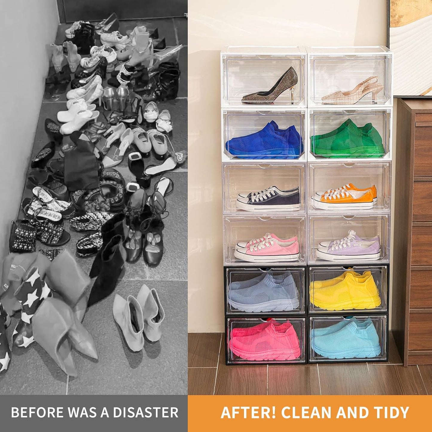 12 Pack Black Shoe Boxes Stackable,Large Shoe Storage Organizer with Magnetic Door,Drop Side Shoe Containers for Entryway,Sneaker Storage Fit up to US Size 12 for Men/Women(13’’x 10.62”x 8.26”