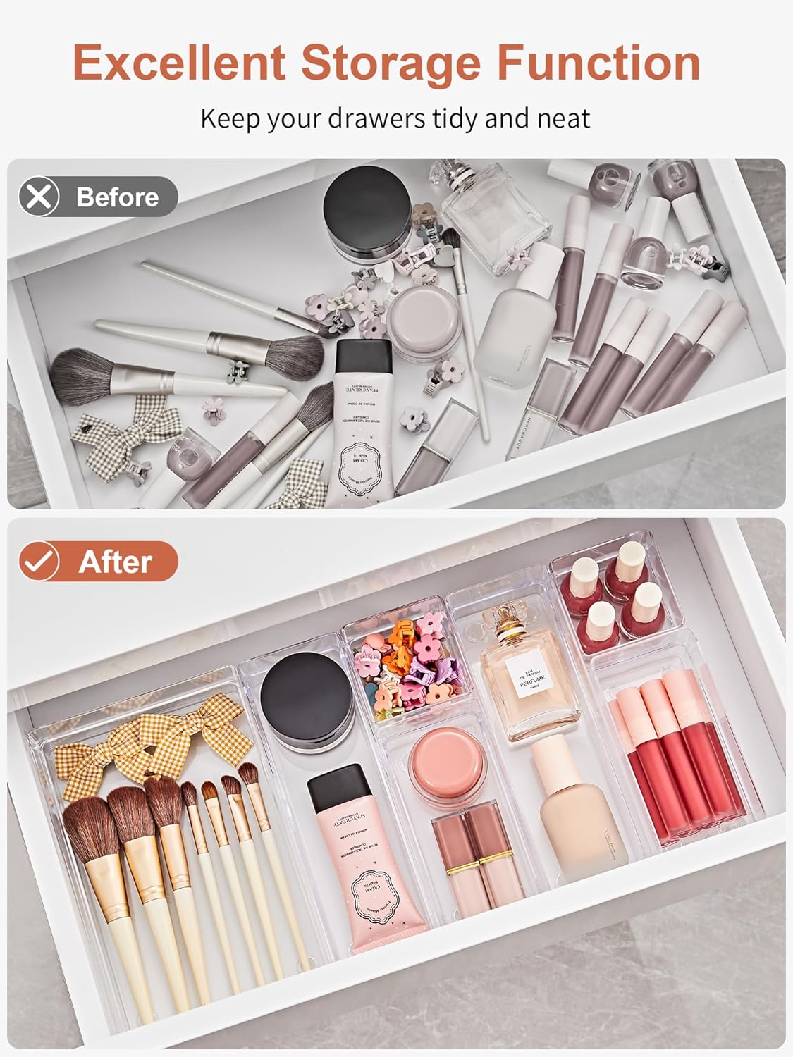 SMARTAKE 37-Piece Drawer Organizer with Non-Slip Silicone Pads, 4-Size Desk Drawer Organizer Trays Storage Tray for Makeup, Jewelries, Utensils in Bedroom Dresser, Office and Kitchen (Clear)