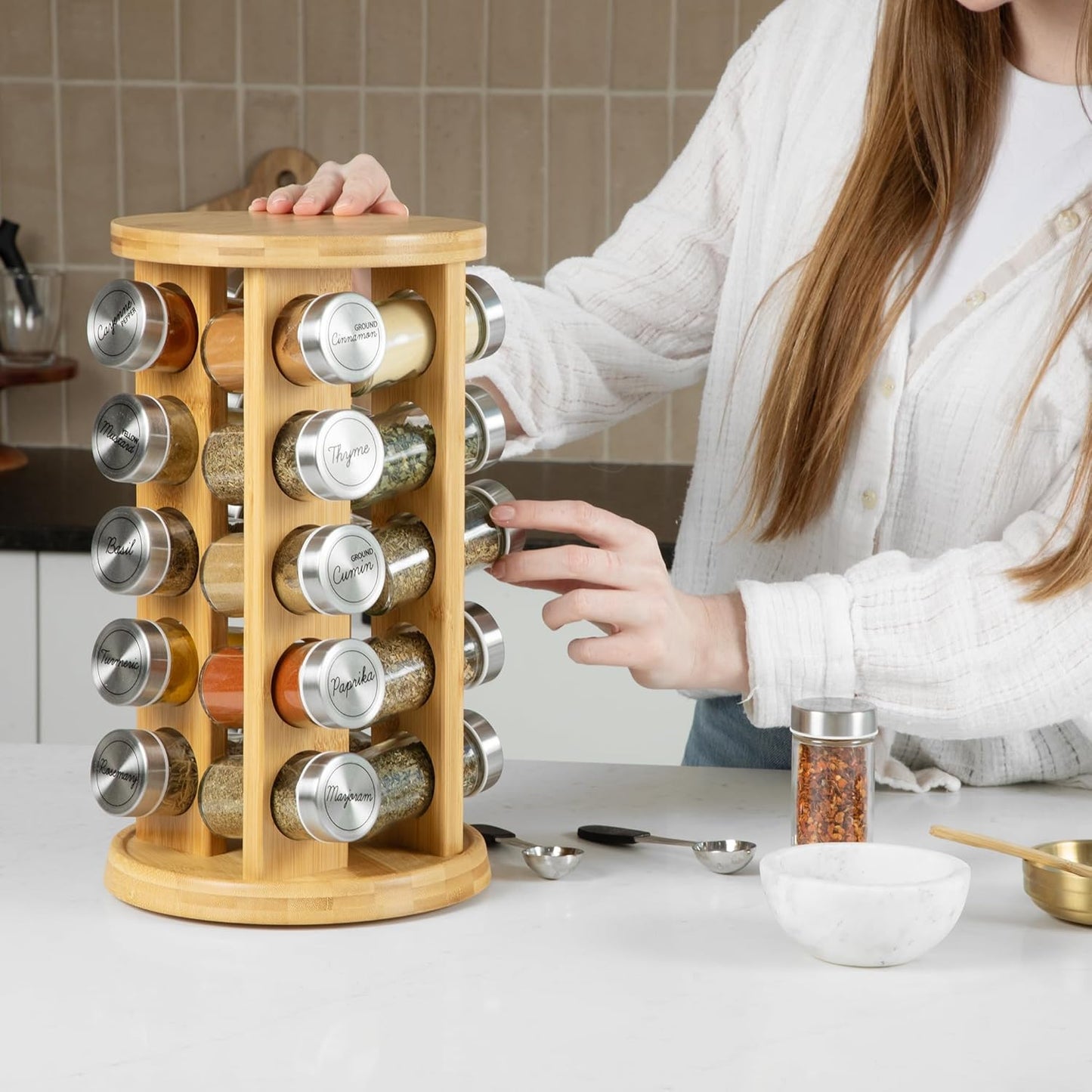 Orii 20 Jar Bamboo Spice Rack with Spices Included - Rotating Tower Organizer for Kitchen Spices and Seasonings, (Bamboo Wood)
