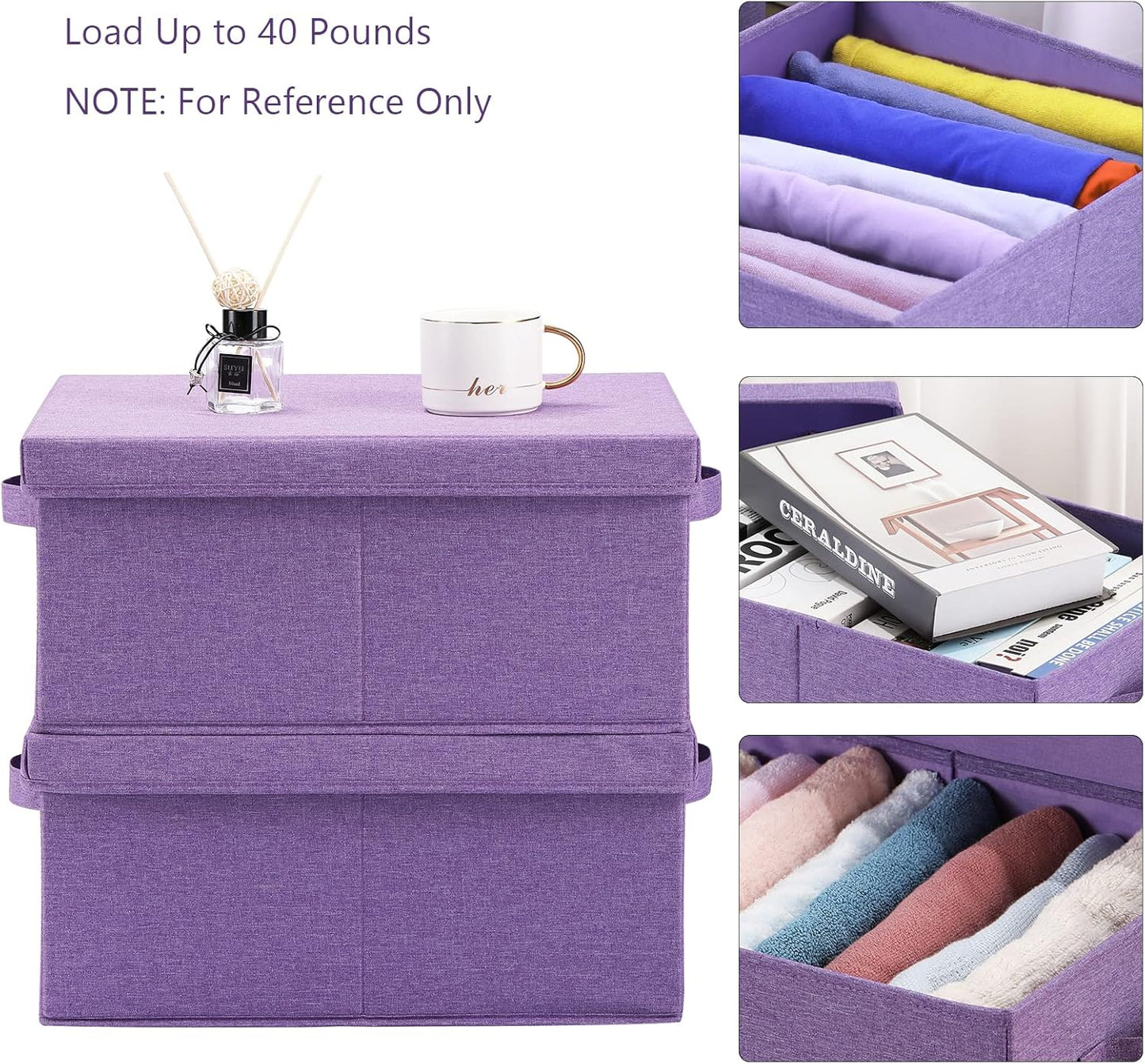 HOONEX Foldable Storage Bins with Lids, Pack of 2, Storage Boxes with 2 Carrying Handles and Sturdy Heavy Cardboard, 16.5" L x 11.8" W x 7.5" H for Shoes, Books, Clothes, Purple
