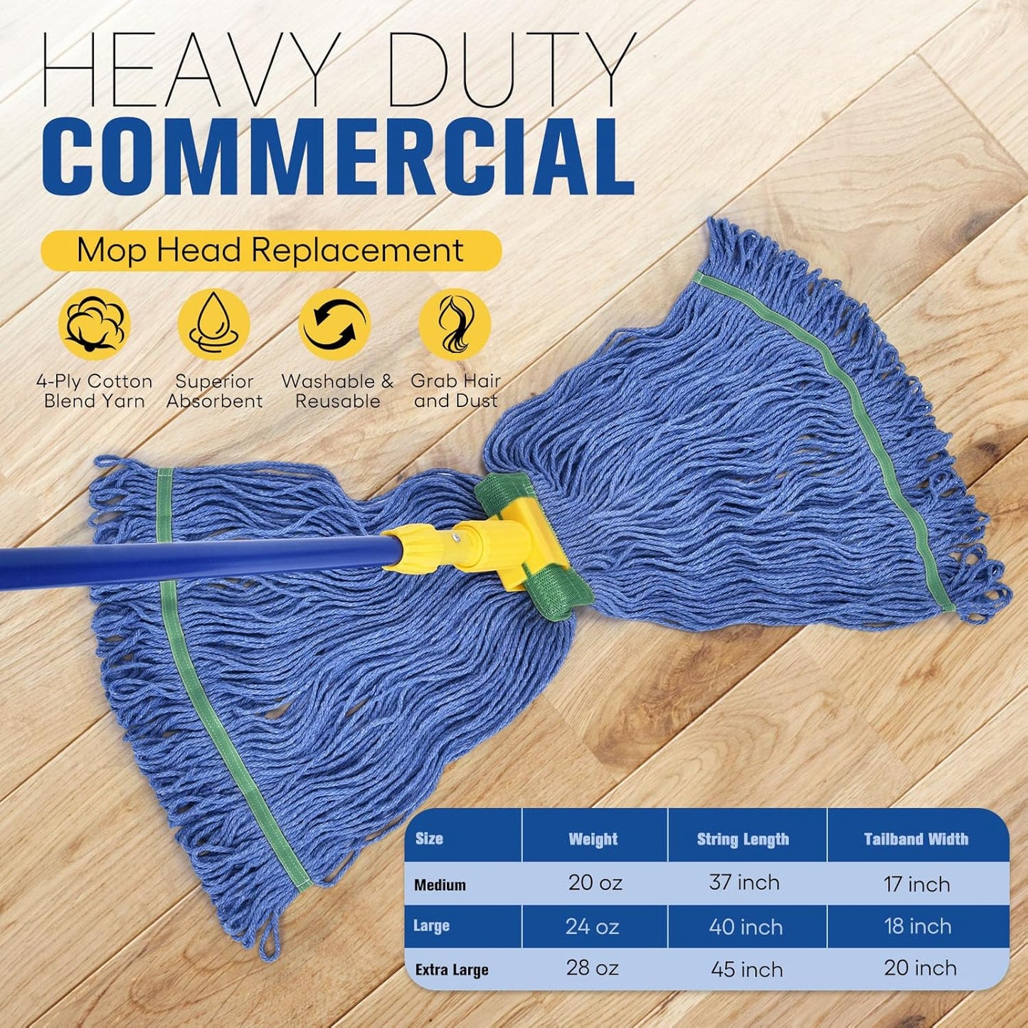 Matthew Cleaning Commercial Mop Head Replacement, 5 Inch Wide Headband, Looped End Cotton Blend String Wet Mops for Floor Cleaning, 18 oz Medium, 6-Pack Blue