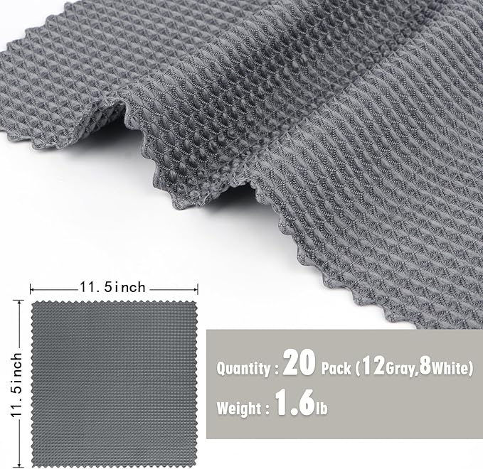 GLIMGLINT Waffle Weave Microfiber Towel, Lint Free Microfiber Cleaning Cloth for Household, Reusable Dish Towels, 20Pack, 11.5x11.5 Inch, (12 Grey, 8 White)