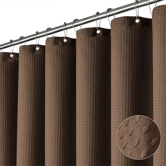 Dynamene Stall Fabric Shower Curtain - 48 inch Wide Waffle Weave Weighted Thick Cloth Shower Curtains for Bathroom, Neutral Heavy Duty Hotel Spa Luxury Bath Curtain Set with 8 Hook, 48x72, Brown
