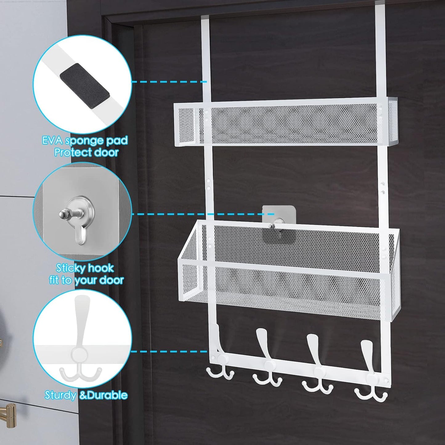 Over The Door Hooks Organizer, Coat Rack Over The Door Storage Hanger Towel Rack, Back of Door Storage Organizer for Bathroom,Bedroom,Kitchen,Office (White 3-Tier)