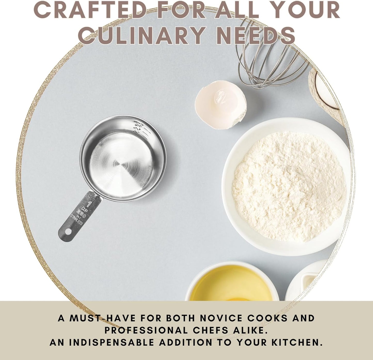 1 Cup Stainless Steel Measuring Cup | Sturdy Metal 250 ml | 240 cc | 8 oz | Single Cup for Wet and Dry Ingredients | Great for use as 1 Cup Dog Food Scoop - 4 PK