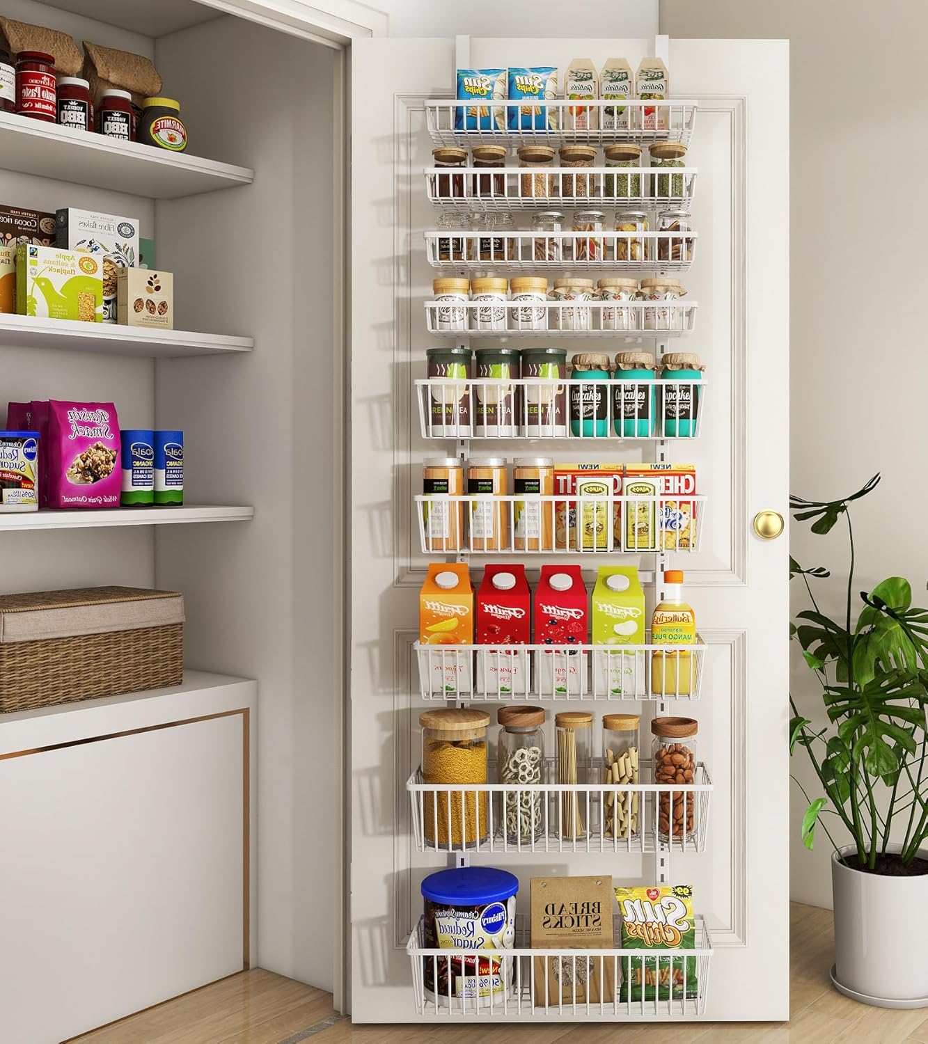 White 9-Tier Over The Door Pantry Organizer, Pantry Organization and Storage, Deep Baskets Hanging Heavy-Duty Metal, Wall Spice Rack Seasoning Shelves for Home & Kitchen, Laundry Room Bathroom
