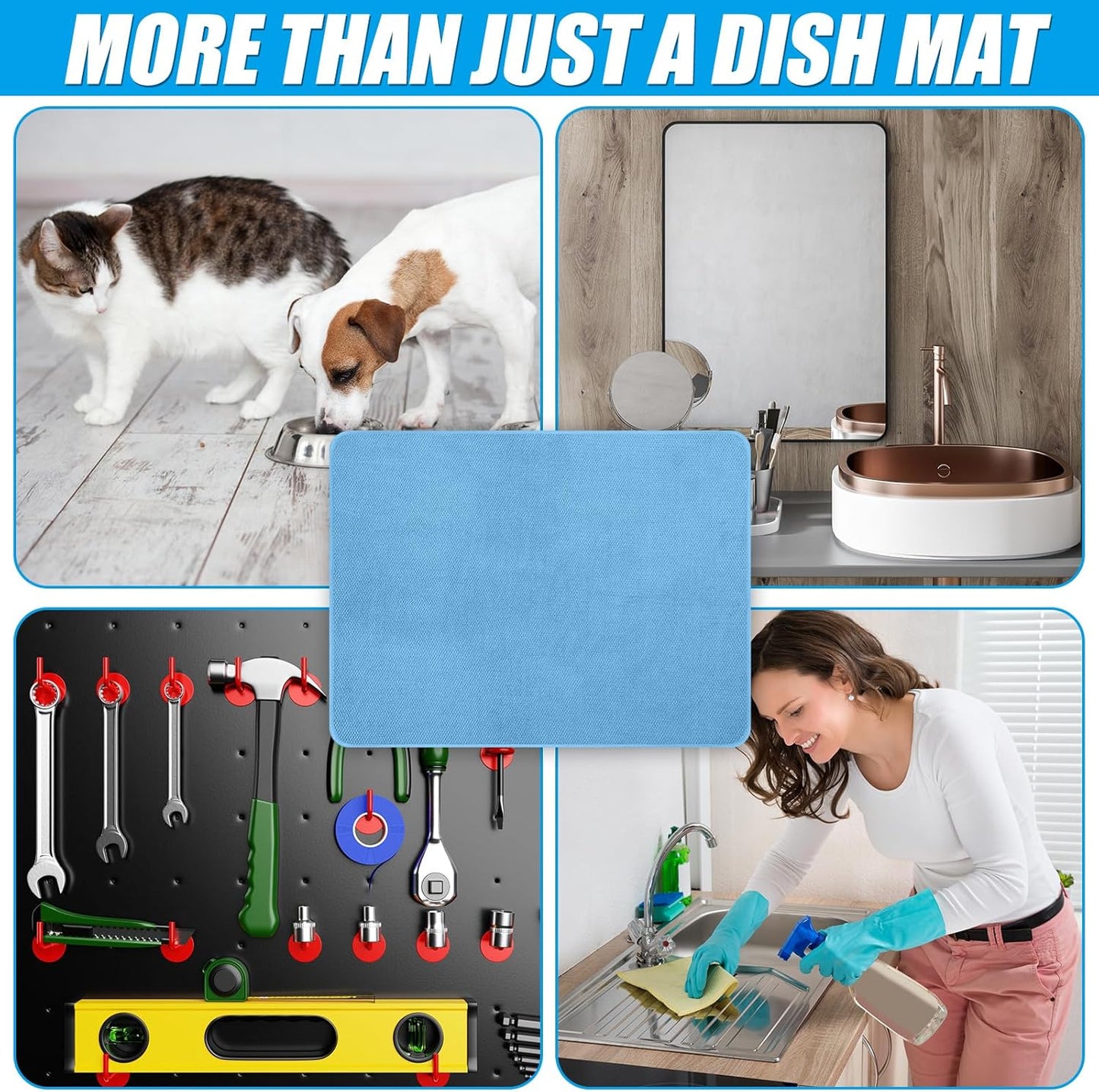 Hushee 2 Pack Extra Large Dish Drying Mat Microfiber Absorbent Dish Drying Pad Large Size Dishes Drainer Mats for Countertop, Sink, Refrigerator or Dryer (30 x 24 Inch,Blue)