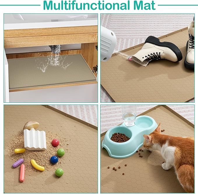 Waterproof Under Sink Mat 34" x 19", Silicone Cabinet Liner, Rubber Protector for Kitchen and Bathroom, Keeps Cabinets Clean, Dry, and Organized (Beige)