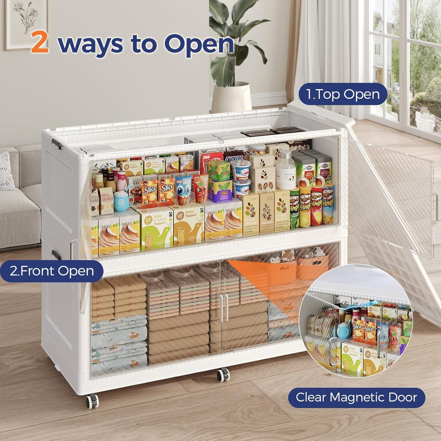 240GAL Extra Large Storage Bins with Lid, 960QT Collapsible Organizer with Wheels, Stackable Closet Cabinet with Doors, Folding Storage Containers for Home, Office, Dorm, 3Pack White