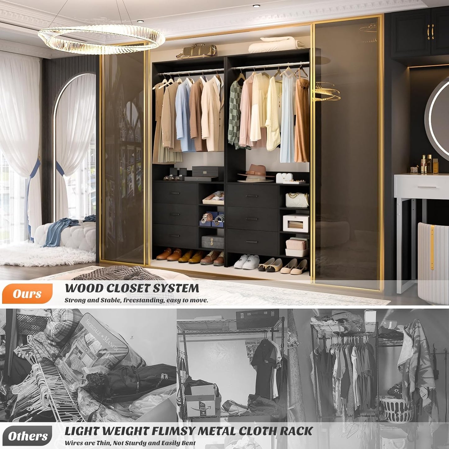Aheaplus 2.5FT Closet System with 3 Drawers, 29.5’’ Closet Organizer, Wood Closet Organizer System, Walk-in Closet or Small Closets Wardrobe, Clothes Rack with Hanging Rods,-E6, Black