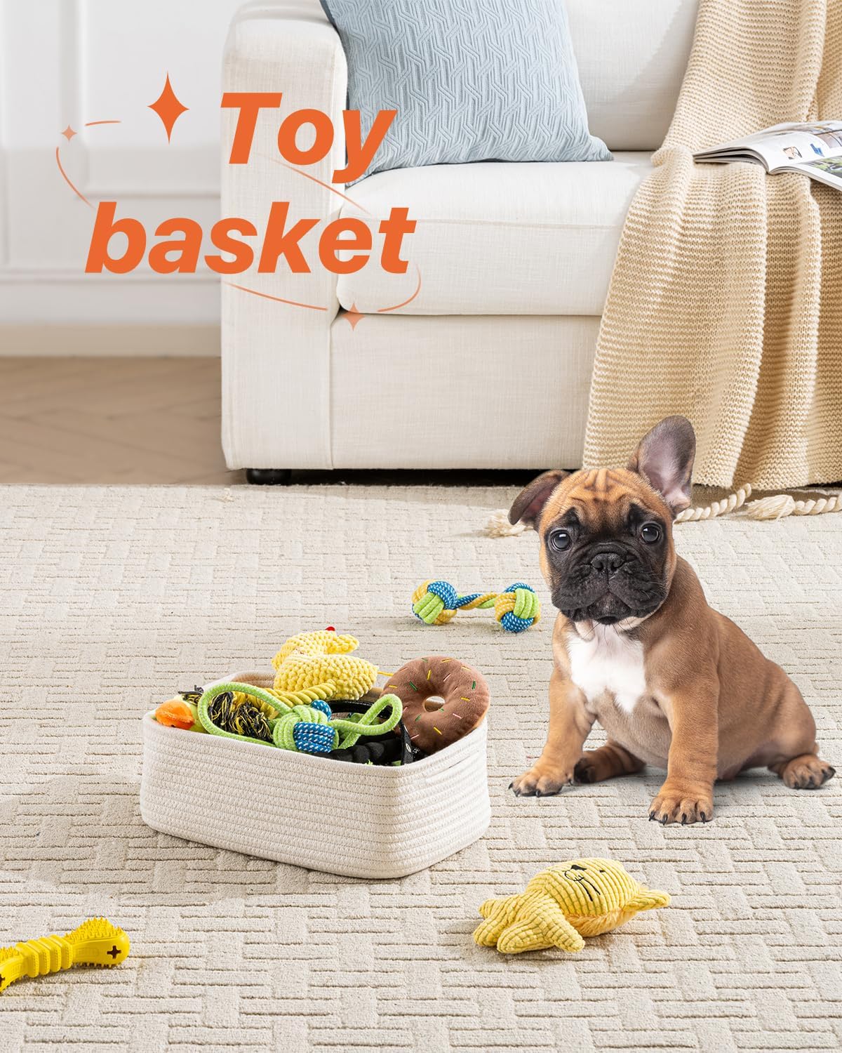 Small Woven Basket, 12 x 8 x 4.5 Inches, Storage Basket for Organizing, Cute Small Rope Shelf Closet Cube Storage Bins Baskets for Shelves, Dog Toy Gift Baskets Empty, 3 Packs, Off White