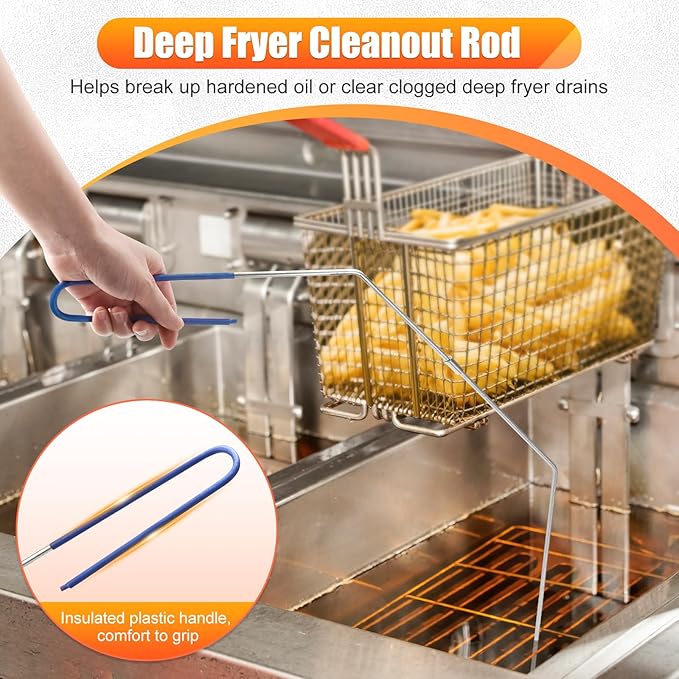 Fryer Cleaning Tools Set of 3, Stainless Steel Deep Fryer Basket Brush, Long Handle L-Shaped Crevice Cleaning Brush and Cleanout Rod Kit for Kitchen Restaurant, Electric Fryer Degreasing Scrubber Tool