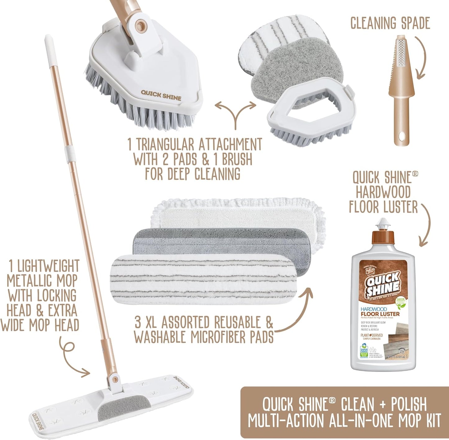 Quick Shine Ultimate Gold Clean + Polish Mop Kit | All-in-One 10 Pc Kit w/Interchangeable Attachments | Floor Polish Included | No Batteries Needed | Pro Cleaning for Hardwood Floors | 2-in-1 Mop