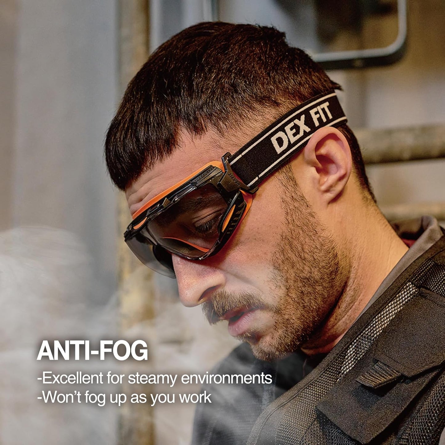 DEX FIT Protective Safety Goggles SG220; Anti Fog & Scratch, Z87 Eye Protection for Work, Adjustable for Women and Men, (Black & Orange Frame, Tinted Lens, 19cm Strap)