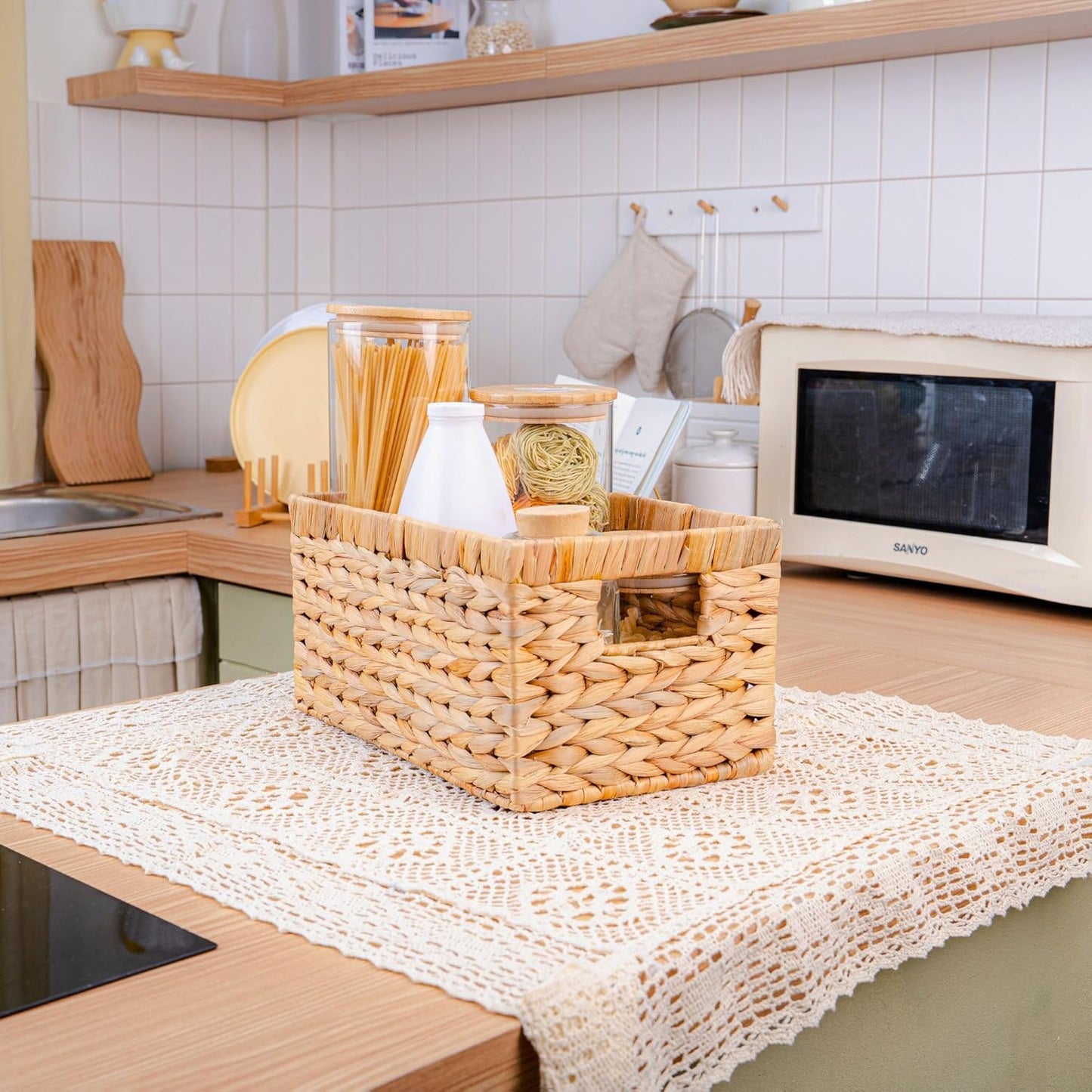 Set of 3 Water Hyacinth Storage Baskets – Wicker Baskets for Shelves, Decorative Woven Organizer Bin for Bathroom, Closet, or Pantry (3-Pack Medium)