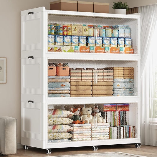 240GAL Extra Large Storage Bins with Lid, 960QT Collapsible Organizer with Wheels, Stackable Closet Cabinet with Doors, Folding Storage Containers for Home, Office, Dorm, 3Pack White