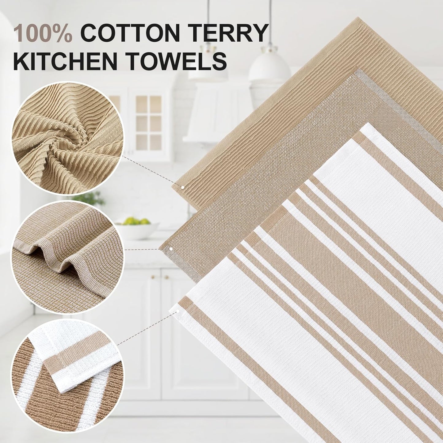 Homaxy Premium Kitchen Towels(18”x 28”, 3 Pack), Large Cotton 380 GSM Kitchen Hand Towels, Soft and Absorbent Terry Dish Towels, Multipurpose Tea Towel Set with Hanging Loop, Khaki