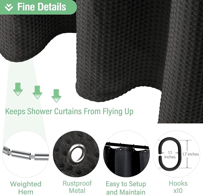 Dynamene Stall Fabric Shower Curtain - 60 x 84 inch Long Waffle Weave Weighted Thick Cloth Shower Curtains for Bathroom, Neutral Heavy Duty Hotel Spa Luxury Bath Curtain Set with 10 Hooks, Black
