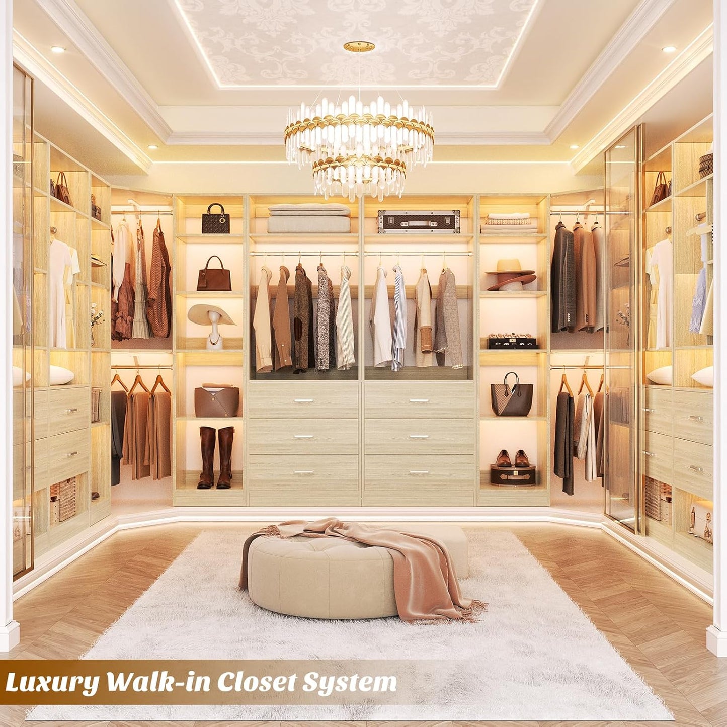 Corner Closet System with 3 Drawers, Corner Closet Organizer System with 13 Shelves & 3 Hanging Rods, 63.2"L * 39.2"W Reversible L Shaped Walk-in Closets, Load 2000+LBS, White Oak