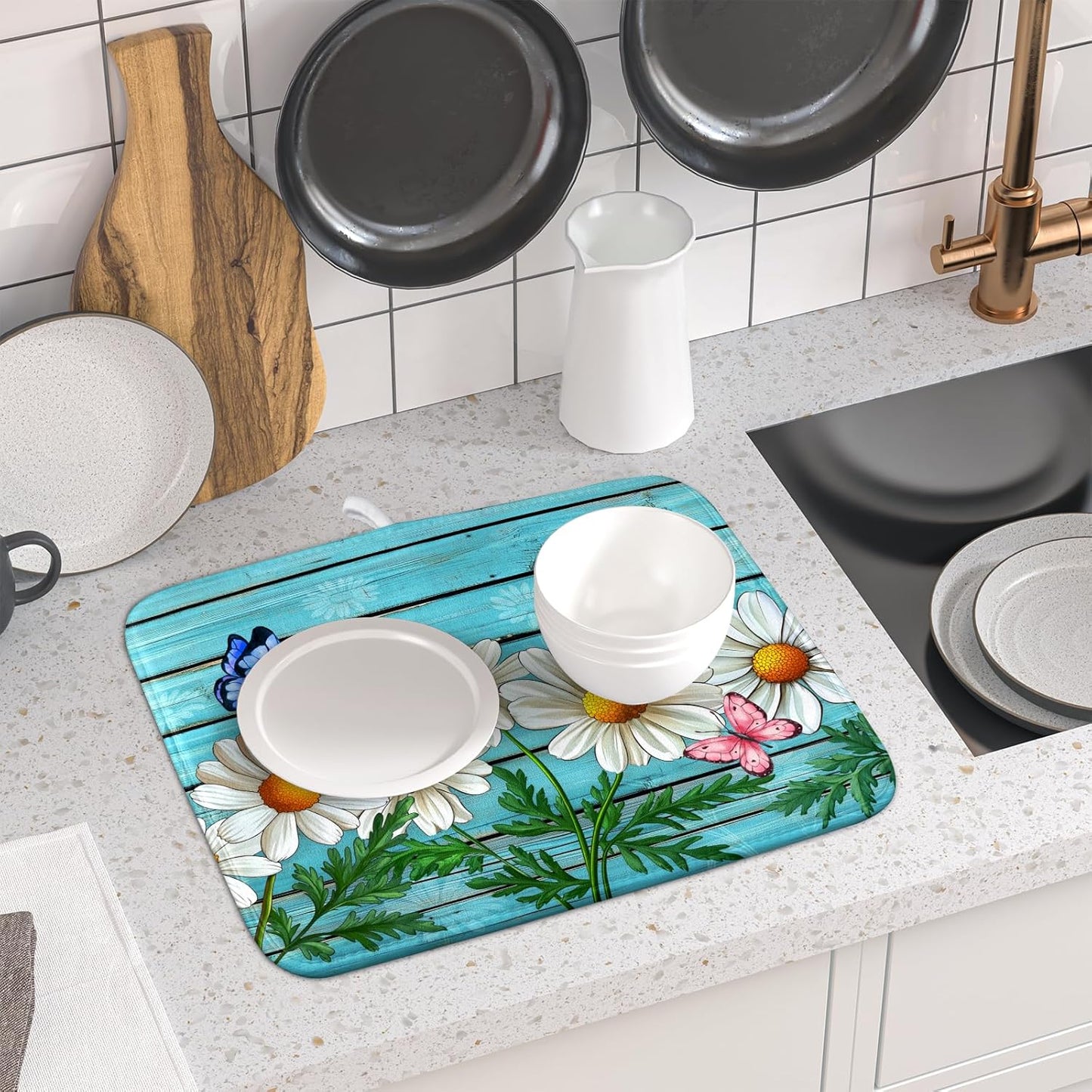Spring Daisy Floral Dish Drying Mat for Kitchen Counter 16x18in Turquoise Daisy Old Wooden Board Kitchen Mat Absorbent Reversible Microfiber Dishes Pad Fast Drying Dish Drainer Mats for Countertop