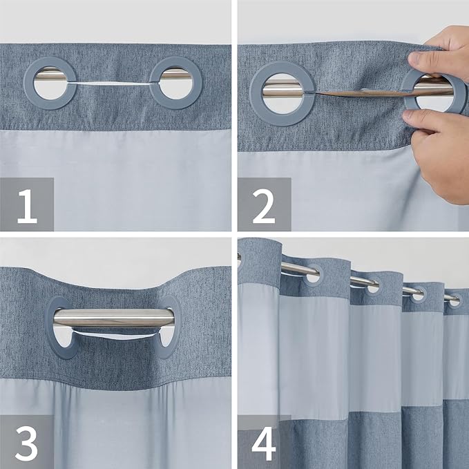Extra Long No Hooks Needed Linen Textured Shower Curtain with Snap-in Fabric Liner Set,Blue Grey Hotel Luxury Decor Shower Curtains for Bathroom,Waterproof & Washable,71Wx86H