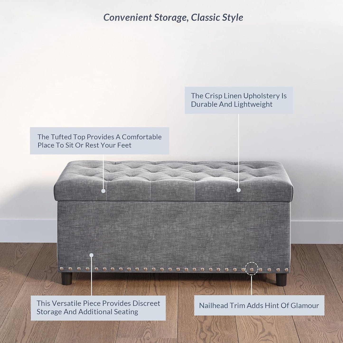 BELLEZE 35" Tufted Ottoman, Storage Bench with Safety Close Hinge, Ottoman with Storage for Living Room, Entryway, Hallway, Foot Rest, Support 300lbs - Grey