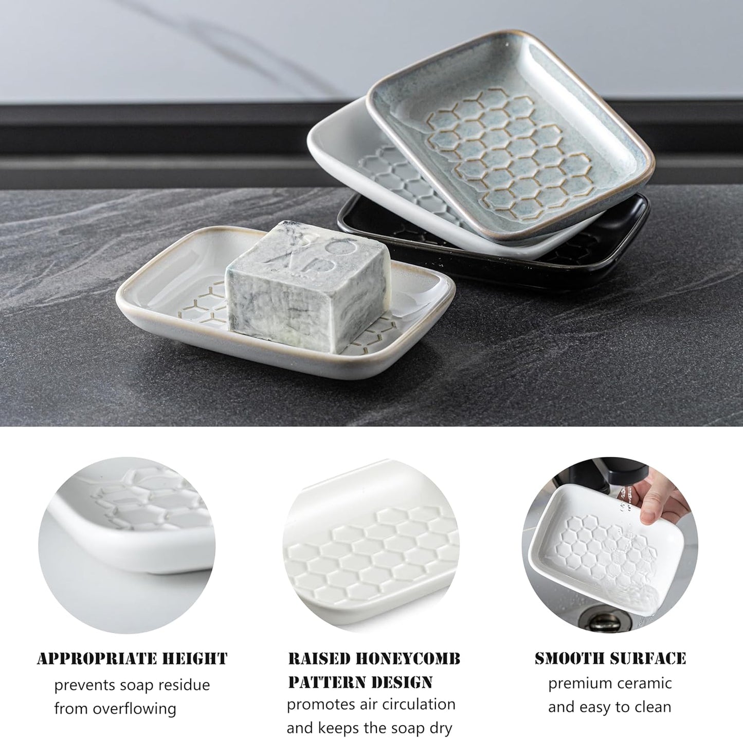 Gomakren Soap Dish for Shower, Bar Soap Holder, Ceramic Soap Dishes for Bar Soap, Sponge Holder Soap Saver Soap Tray for Bathroom Kitchen Sink, 5.5 Inch, White