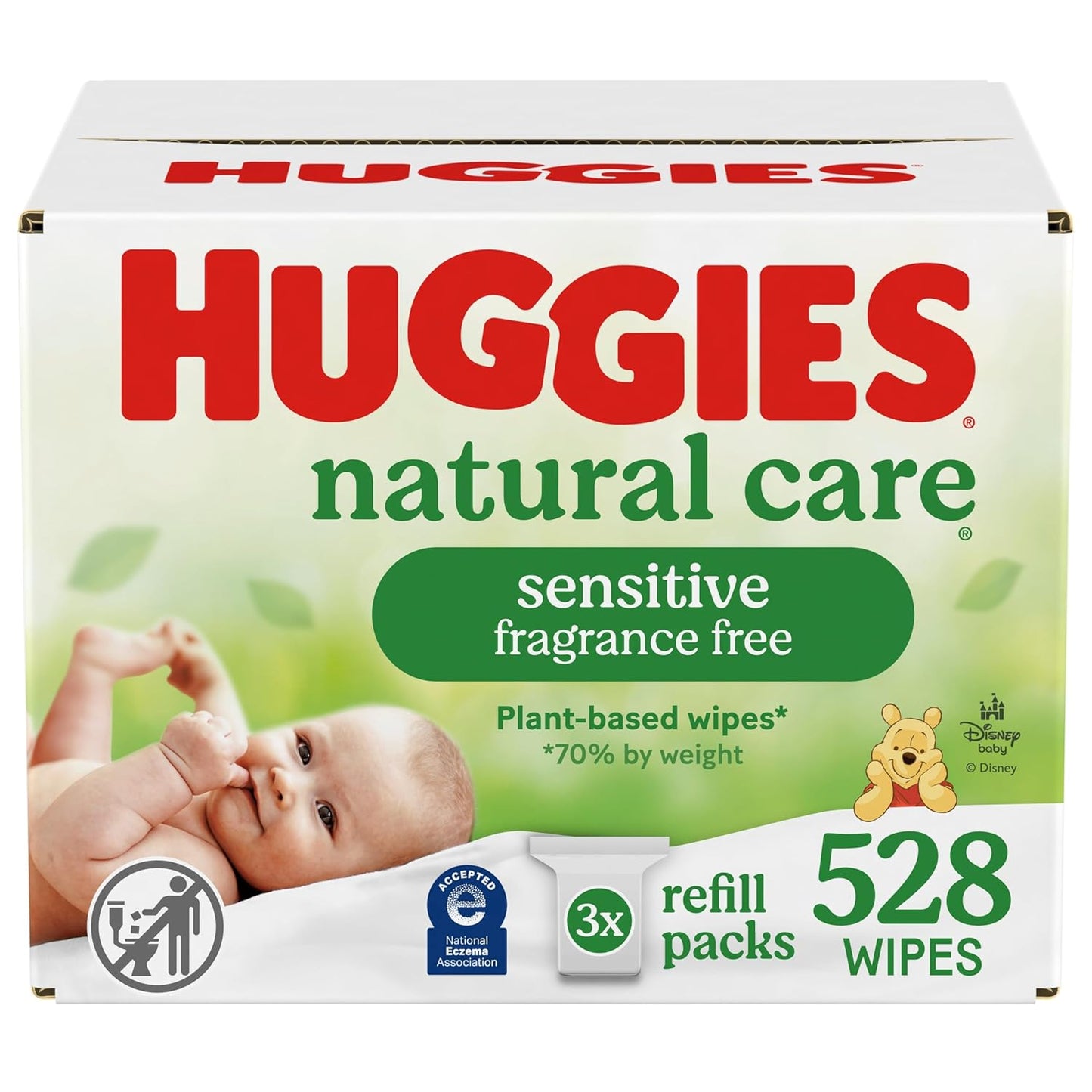 Huggies Natural Care Sensitive Baby Wipes, Unscented, Hypoallergenic, 99% Purified Water, 3 Refill Packs (528 Wipes Total)