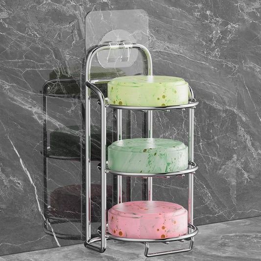 Silver 3-Tier Shower Soap Shampoo Bar Holder, Self Adhesive & Freestanding Draining Soap Dish Caddy for Bathroom Wall Accesories Decor