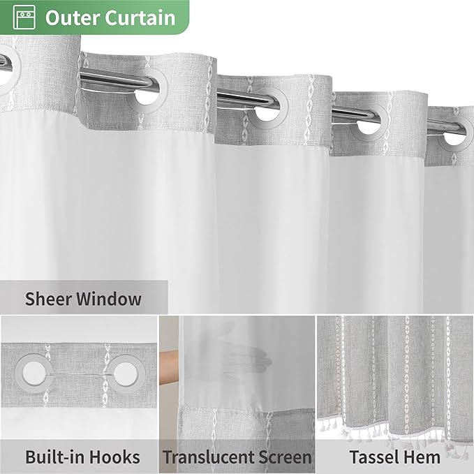 No Hook Stall Shower Curtain with Snap-in Fabric Liner - 54x80 Heavy-Duty Linen Textured Striped Design,Narrow Rustic Modern Farmhouse Bohemian Bathroom Curtain,Water-Repellent,Grey/Gray