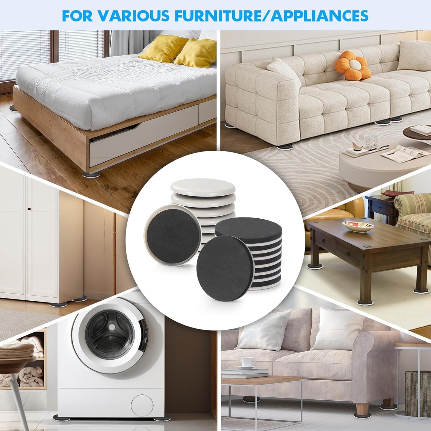 16-Pack Furniture Sliders for Hardwood Floors & Carpet, Save 80% Effort, Safely and Easily, The Glide Tool Set for Heavy Furniture and Appliances, Reusable Moving Pads (8 Plastic & 8 Felt)