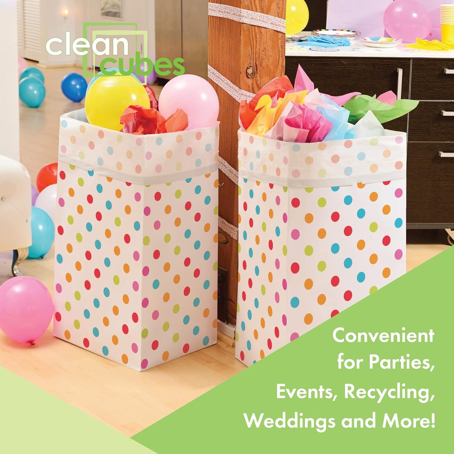 30 Gallon Disposable Pop-Up Trash Cans (3-Pack) with Fitted Bags – Foldable Garbage & Recycling Bins for Parties, Events & Kitchen (Polka Dot, 30" H x 14" W x 17" D)