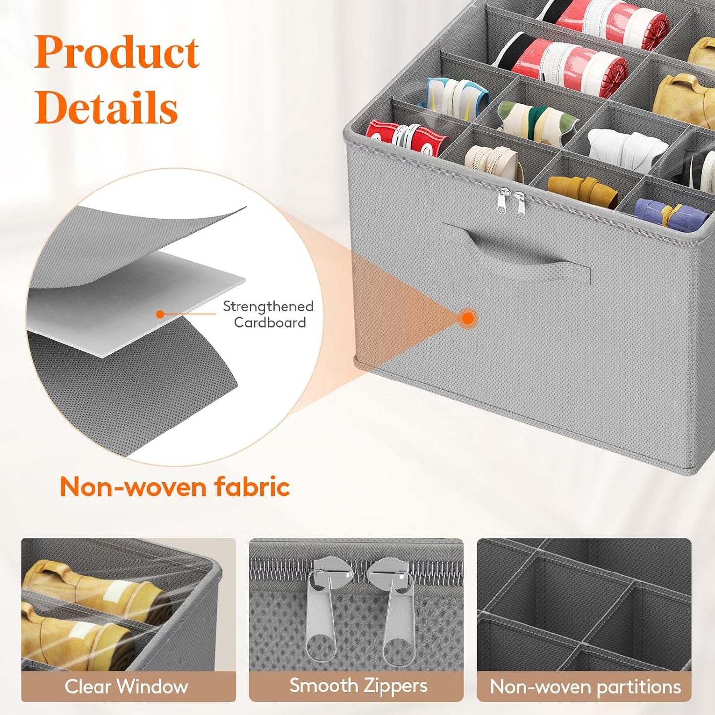 Lifewit Shoe Storage Organizer for Closet Fits 12-16 Pairs, Fabric Large Shoe Box Storage Containers with Clear Cover, Foldable Bins Fit for Boots Sneakers 17"(L) x 17"(W) x 12.5"(H) 2 Pack Light Gray