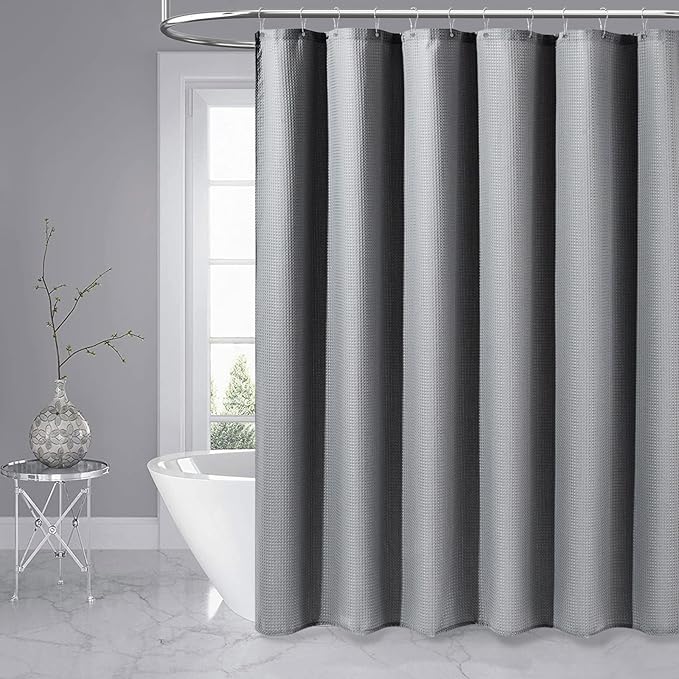 Dynamene Long Fabric Shower Curtain - Waffle Textured Tall Heavy Duty Cloth Shower Curtains for Bathroom, 256GSM Large Hotel Spa Luxury Bath Curtain Set with 12 Plastic Hooks(72Wx80H, Grey/Gray)
