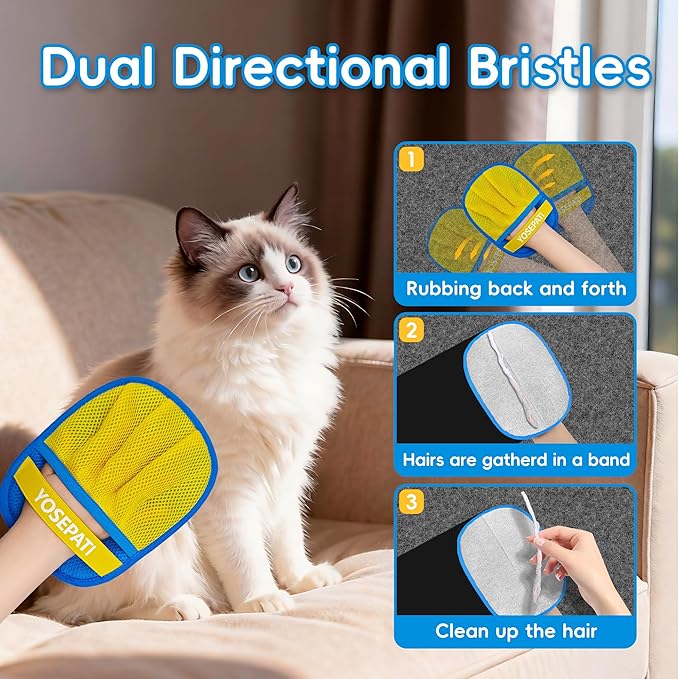 Thickened Ectrostatic Pet Hair Removal Glove for Cat & Dog, Upgraded Five-Finger Reusable Magic Brush Pet Hair Remover Tool for Couch, Clothing, Carpet & Car Seat (2Pcs-Blue & Yellow)